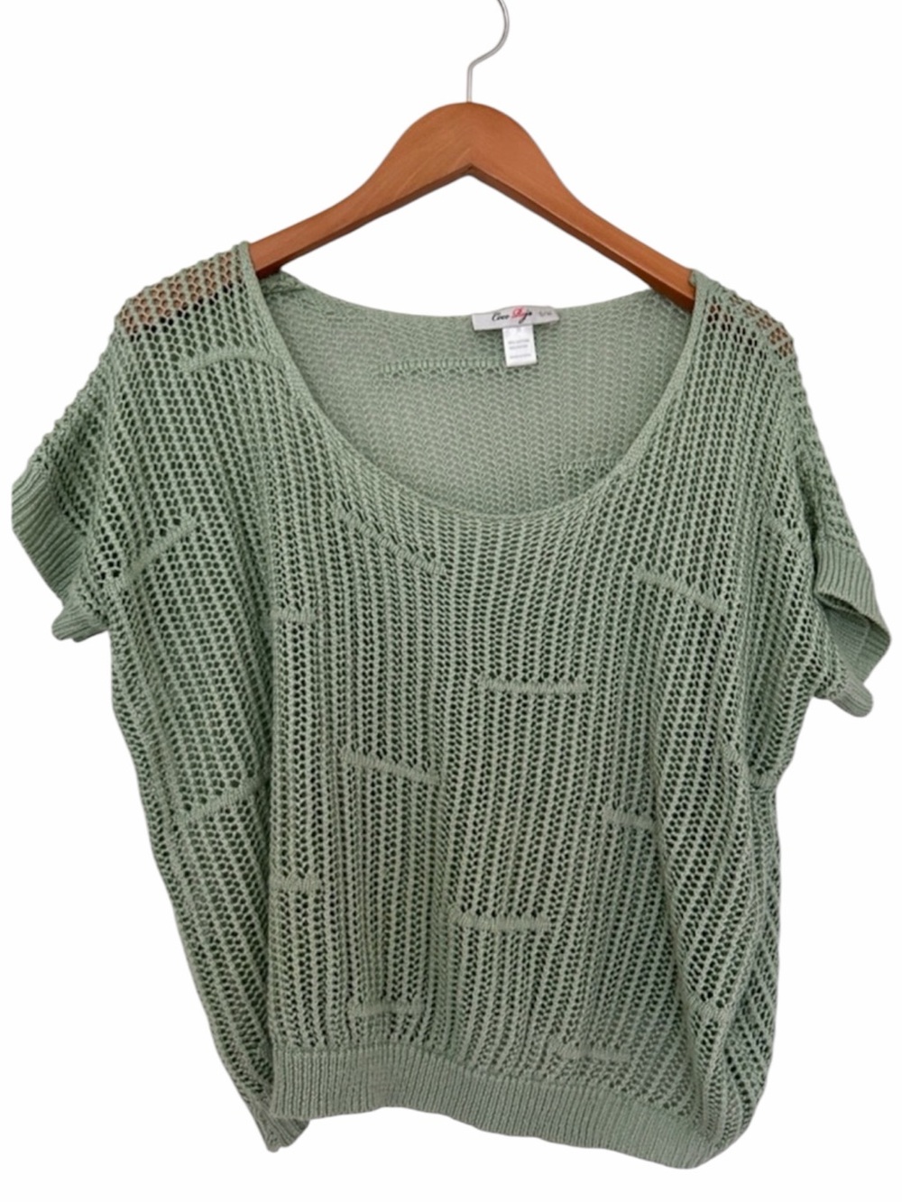 Coco Roja Sage Green Open Knit Short Sleeve Sweater Top Beach Coverup S M
